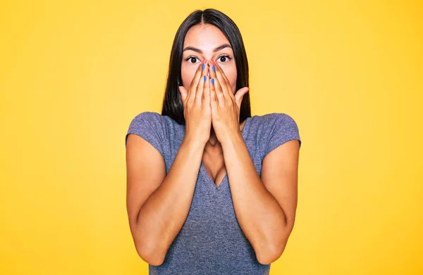 Portrait Frightened Woman Hiding Face Hands — Stock Photo, Image