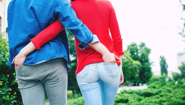 Young Couple Hands Jeans Each Other — Stock Photo, Image