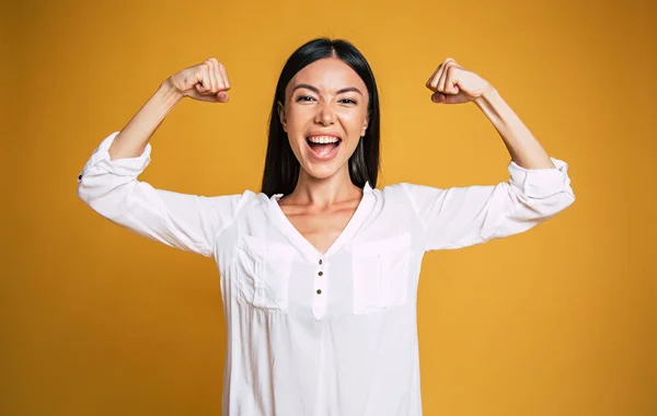 Happy Asian Woman Posing Studio — Stock Photo, Image