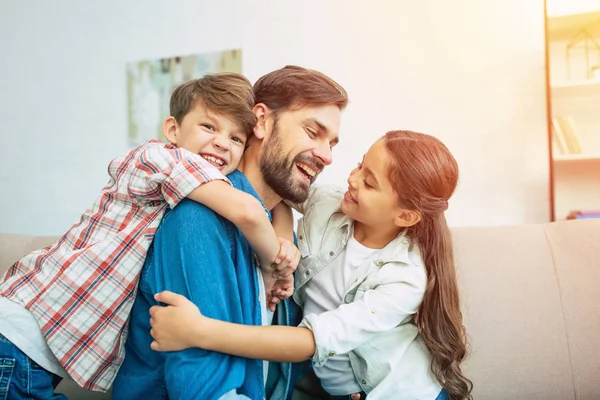 Young Father Spending Time Children Home — Stock Photo, Image