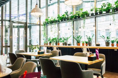 Parlak modern café yeşil bitkiler ile iç