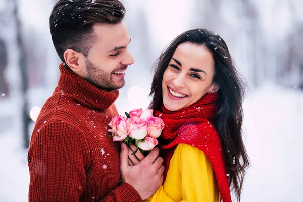 Celebration Valentine Day Happy Beautiful Young Couple Love Walking Together — Stock Photo, Image