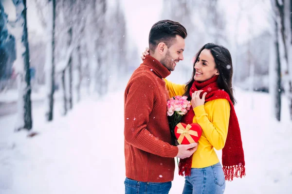 Happy Couple Posing Winter Nature Background — Stock Photo, Image