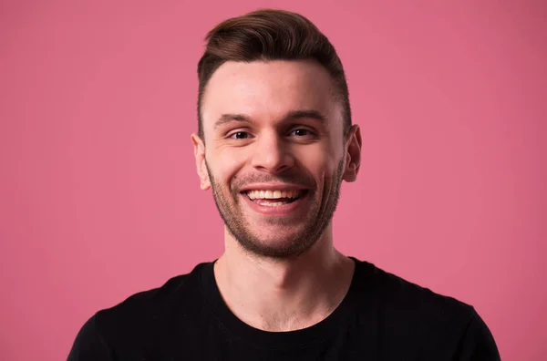 Happy Handsome Young Man Portrait Black Shirt Isolated Pink Wall — Stock Photo, Image