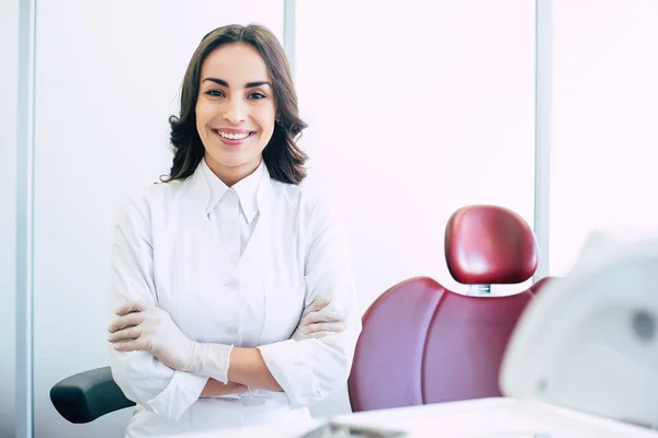 Certify Results Great Confident Final Look Her Work Dentist Sitting — Stock Photo, Image