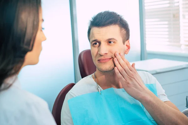 Pain Tooth Man Dental Appointment Professional Dental Clinic Sitting Front — Stock Photo, Image