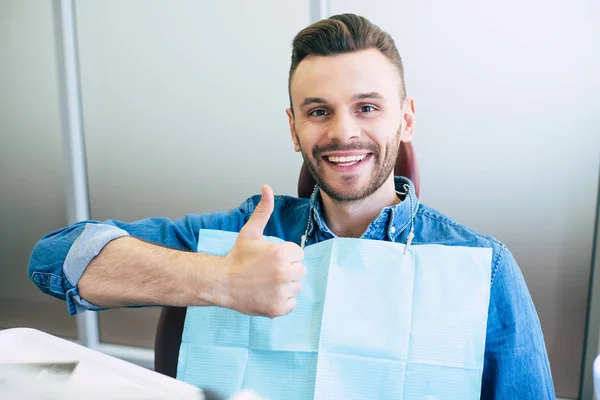 Thumbs Positive Appraisal Dental Work Made Handsome Man Bodacious Smile — Stock Photo, Image
