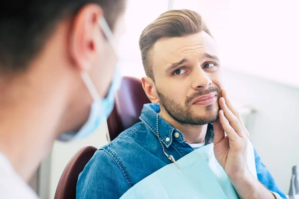 Symptoms Gums Pain Man Worried Face Holding His Hand His — Stock Photo, Image