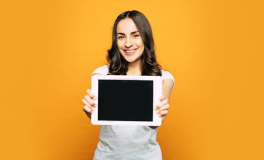 Gel ve gör. Biraz kıvrılmış kahverengimsi saç, Hazel gözleri ve baharatlı-turuncu arka plan önünde çarpıcı bir gülümseme ile Bodacious Smiley Kız ellerinde bir tablet PC.