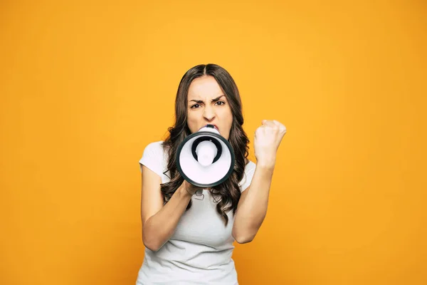 Yeet Uma Garota Emocional Com Megafone Mão Direita Punho Mão — Fotografia de Stock