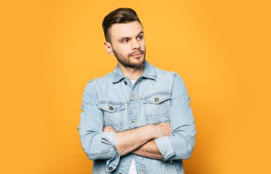 Denim gömlek yakışıklı trendy ve şık sakal adam sarı arka plan üzerinde poz