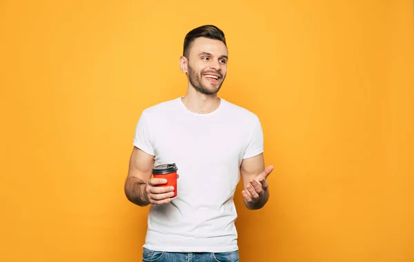 Handsome Young Man White Shirt Cup Hand Yellow Background — Stock Photo, Image