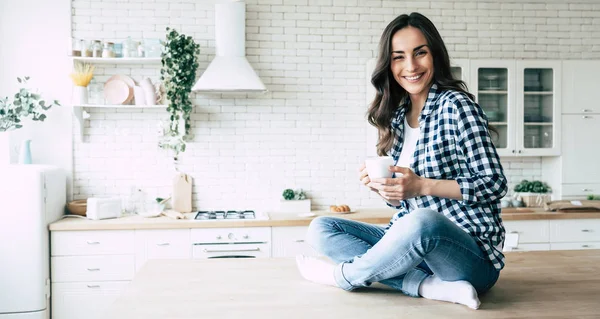 Cute Lovely Young Woman Casual Wear Coffee Cup Hands Sitting — Stock Photo, Image