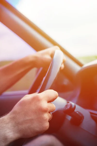 Close Side View Shot Male Hands Steering Wheel While Journey — Stock Photo, Image