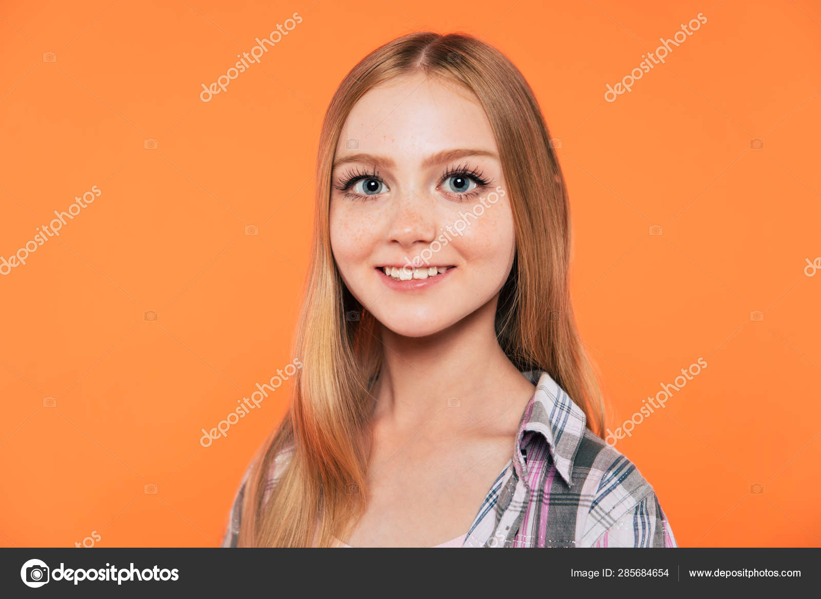Close Portrait Happy Attractive Cute Blonde Little Girl Long Hair