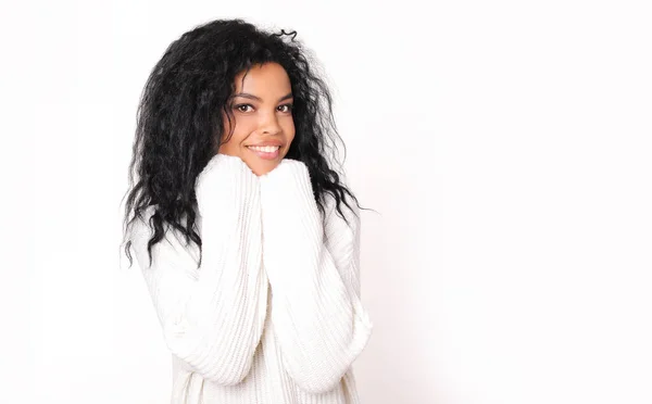 Beautiful Mixed Race Woman Wearing White Winter Sweater Posing Looking — Stock Photo, Image