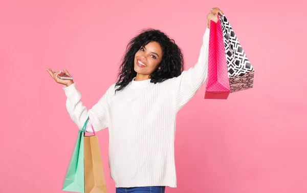 Satisfied Beautiful Mixed Race Woman Holding Shopping Bags Smiling While — ストック写真