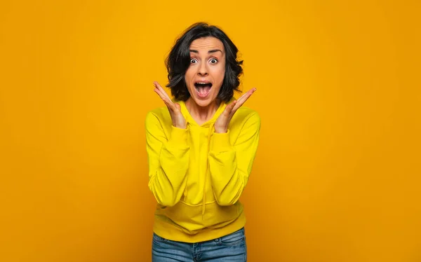 Unexpected Win Half Length Photo Excited Happy Brunette Girl Dressed — Stock Photo, Image