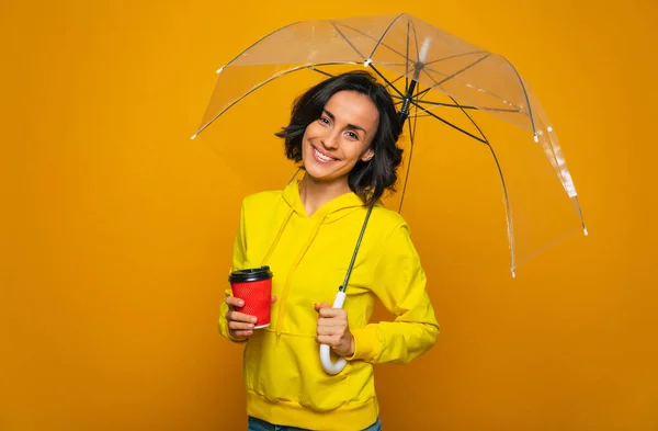 Chica Alegre Foto Media Longitud Una Chica Alegre Con Una — Foto de Stock