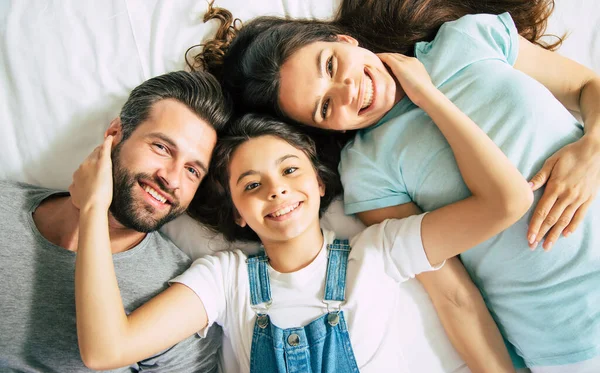 Top View Photo Beautiful Happy Family Lying Bed Have Fun — Stock Photo, Image