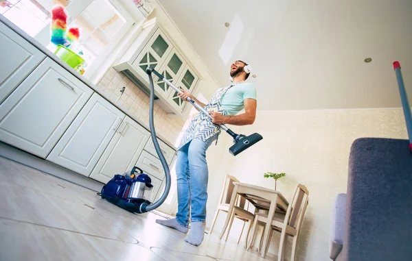 Happy Handsome Young Beard Man Cleaning Floor Domestic Kitchen Have — Stock Photo, Image