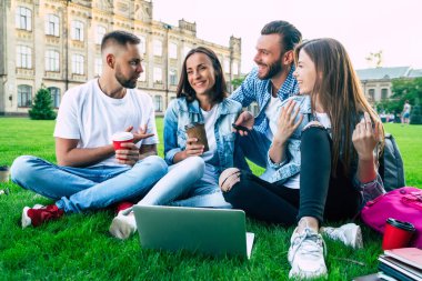 Üniversite bölgesinde çimlerin üzerinde dizüstü bilgisayarı olan en iyi dört genç öğrenci mutlu ve heyecanlı.