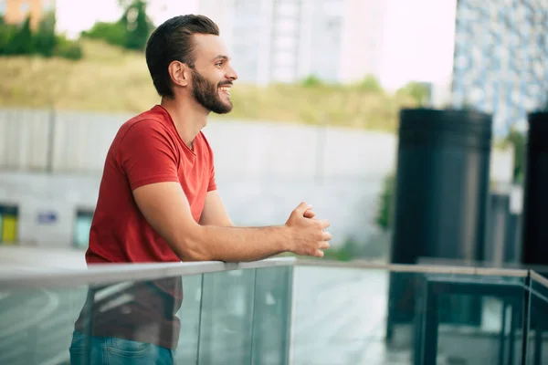 Young Handsome Happy Confident Bearded Man Shirt Looking Away Smiling — Stock Photo, Image