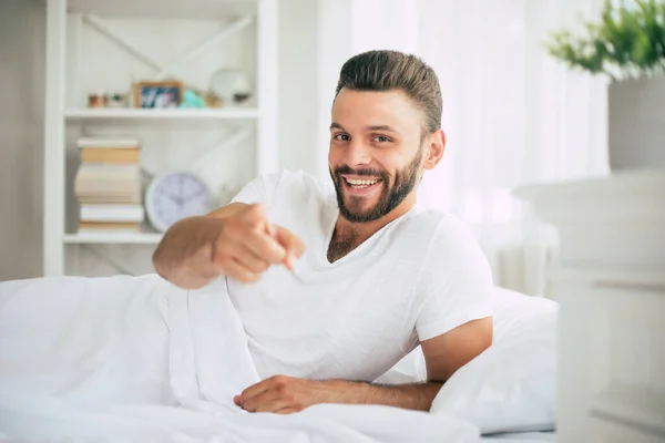 Close Photo Handsome Young Bearded Man Lying Bed Relaxing Morning — Stock Photo, Image