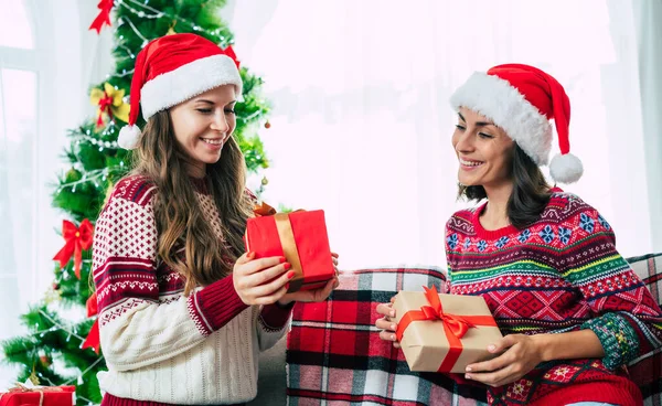 Gelukkig Nieuwjaar Vrolijk Kerstfeest Twee Mooie Opgewonden Jonge Zussen Vrienden — Stockfoto