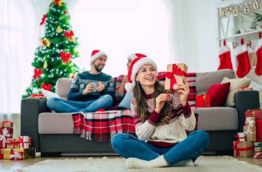 Noel süveteri ve Noel Baba şapkasıyla gülümseyen güzel genç bir kadın arkadaşlarının ve Noel ağacının arkasında elinde renkli bir hediye kutusu tutuyor..