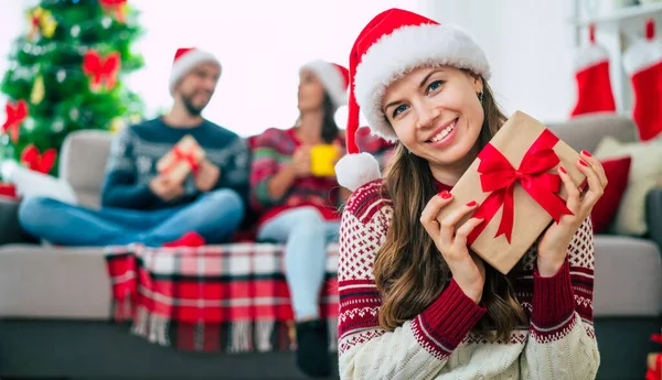 Tett Opp Bilde Vakker Ung Lykkelig Smilende Kvinne Julegenser Nissehatten – stockfoto