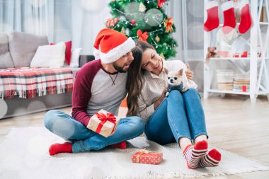 Noel romantik hediyesi. Mutlu, birbirine aşık genç bir çift Noel ağacı arka planında yerde otururken birbirlerine sürpriz yapıp hediyeler veriyorlar..