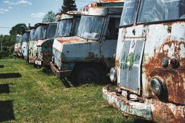 Çimenlikteki Paslı Terk Edilmiş Kamyonlar