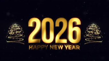 Elegant and festive New Year 2026 greeting animation with glowing golden number, sparkling Christmas trees, colorful fireworks and glitter particles