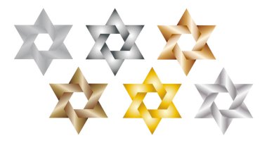 Collection of twisted 3D christmas stars in metallic colors silver, gold, copper, bronze, aluminum and steel