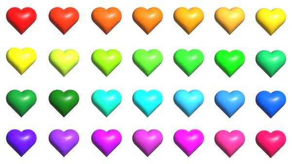 Set of 28 3D hearts in 28 colors over the full rainbow color range, transparent background