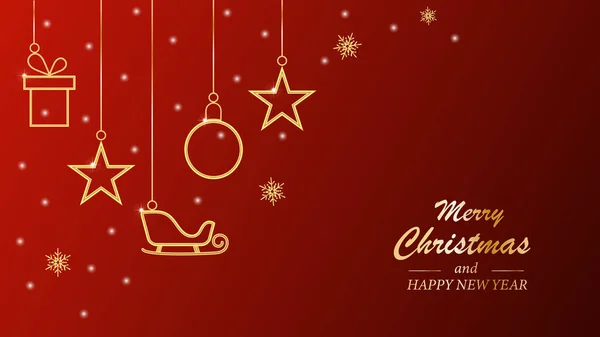 Merry Christmas and happy new year background or greeting card with ornaments and snowflakes in golden colors against a red gradient background