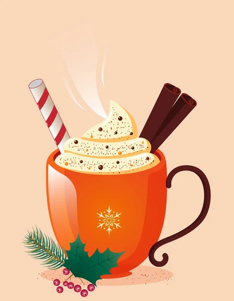 Drink in a festive cup with cream, sprinkles, cinnamon sticks, candy cane, and festive garnishes like a pine branch and holly berries. Perfect for winter, Christmas, and warm beverage themes