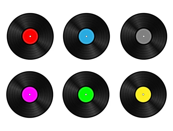 Collection of 6 vintage retro classic vinyl records in diifferent colors, realistic shadows and surface structure