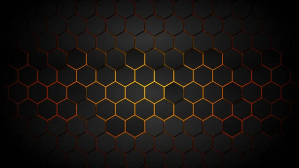 Abstract black 3D industrial honeycomb hexagon grid background with orange glowing background color