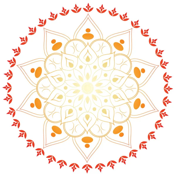 Circular decorative mandala or rangoli pattern with an yellow to red color gradient