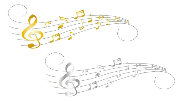 Set of 2 abstract clef and music notes along a musical stave in 3D space, gold and silver version included, transparent background