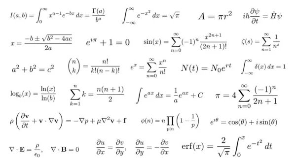 Set of famous scientific math formulas and equations, ideal for science visuals, educational materials and infographics, transparent background