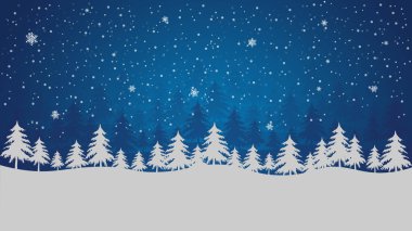 Christmas background or greeting card with a snowy forest, pine trees and a blue night sky with stars and snowflakes, white foreground, copy space