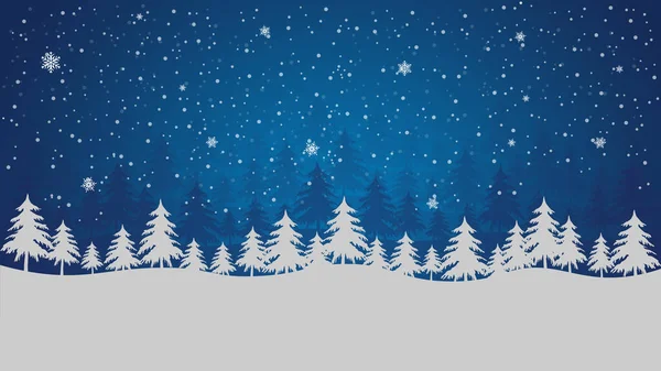 Christmas background or greeting card with a snowy forest, pine trees and a blue night sky with stars and snowflakes, white foreground, copy space