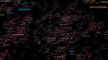Abstract futuristic 3D animation of hormone molecule structures flying in 3D space, colored version, depth of field effect, concept of human biology, neurochemistry and hormone balance