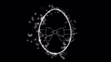 Set of 2 abstract animated easter eggs with twirling glitter and silver colored particles, version with and without ribbon bow included, overlay, background, transparent background with alpha channel