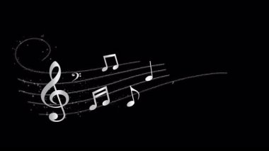 Abstract silver music notes along a musical stave in 3D space with silver stars, twirling glitter and particles, scene opener, overlay or background, transparent background with alpha channel