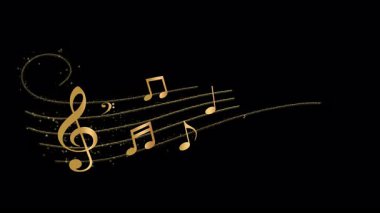 Abstract golden music notes along a musical stave in 3D space with golden stars, twirling glitter and particles, scene opener, overlay or background, transparent background with alpha channel