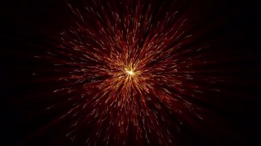 Soyut akış ve yayılan havai fişek parçacık animasyonu kırmızı, sarı ve turuncu renkler ve ışın animasyonu